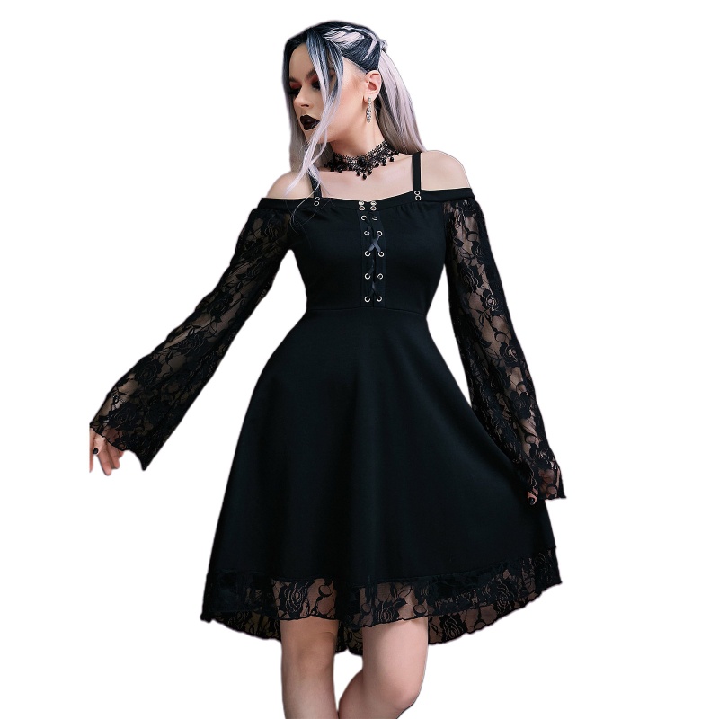 Youyo Đầm Midi Dáng Chữ A Xếp Ly Tay Chuông Phối Ren Phong Cách Harajuku Gothic Đường Phố Dự Tiệc Cho Nữ