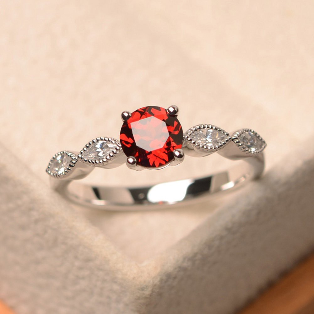 S925 Nhẫn đính đá topaz tròn màu đỏ xanh dương nhiều màu sắc tùy chọn phong cách Âu Mỹ sang trọng thời trang