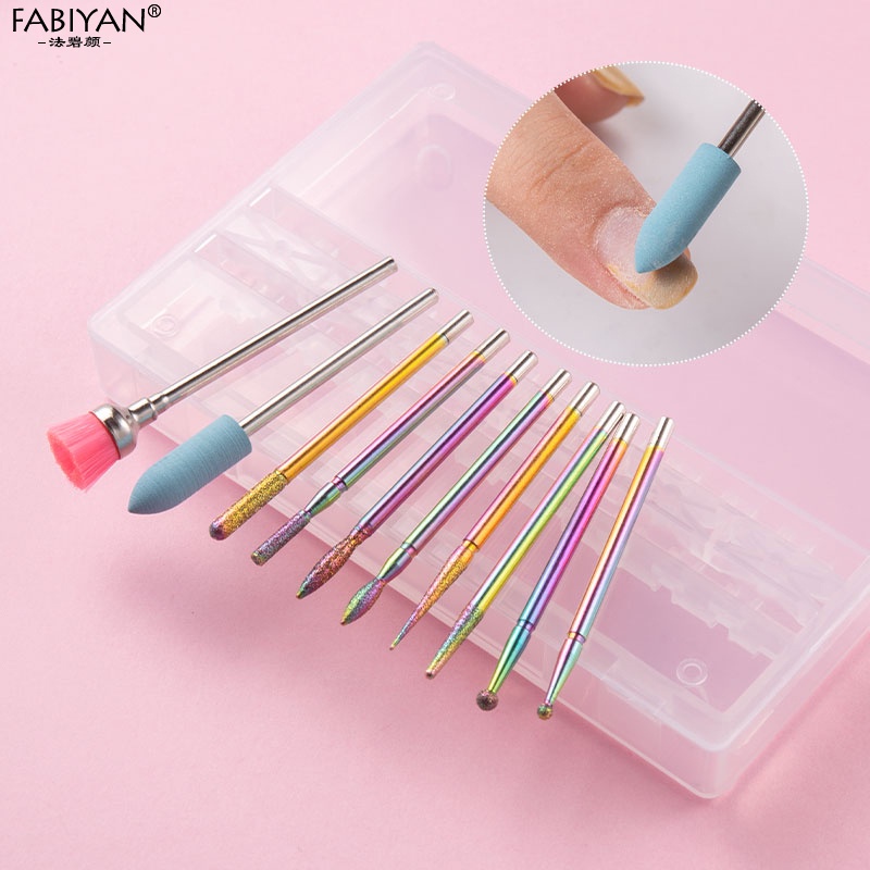 Set 10 đầu mài móng FABIYAN loại bỏ biểu bì và sơn gel UV acrylic cho máy mài điện kèm hộp đựng
