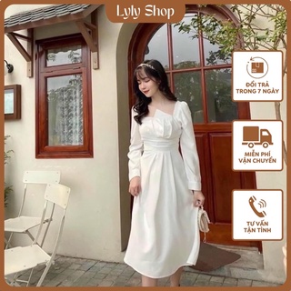 Đầm midi trắng cổ vuông xếp ly ngực ❤️