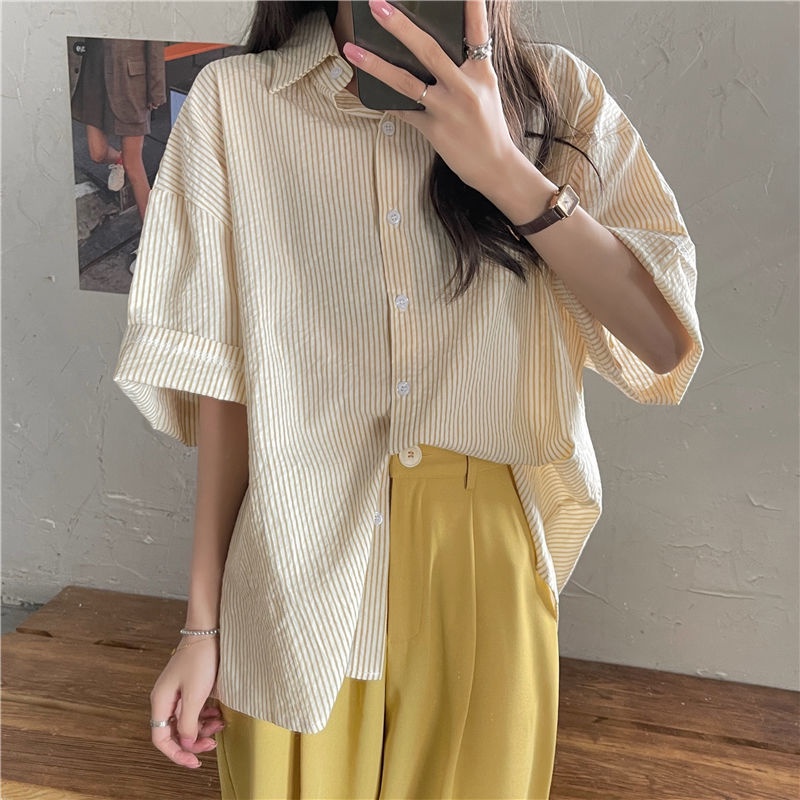 Áo sơ mi IELGY dáng rộng họa tiết kẻ sọc phong cách Hàn Quốc thời trang cho nữ