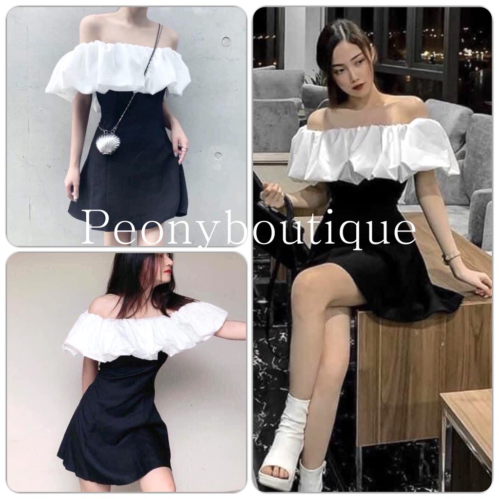 Váy Trễ Vai Phối Ngực Trắng PEONYB Nữ [FREESHIP] 🌸 Đầm body chữ A đen hở vai, tay bồng tiểu thư bánh bèo Ulzzang HOT 🌸