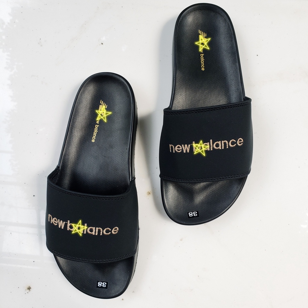 Dép unisex 𝐌𝐋𝐁  new balancee màu đen chữ thêu  êm chân chắc chắn tặng hộp bảo vệ