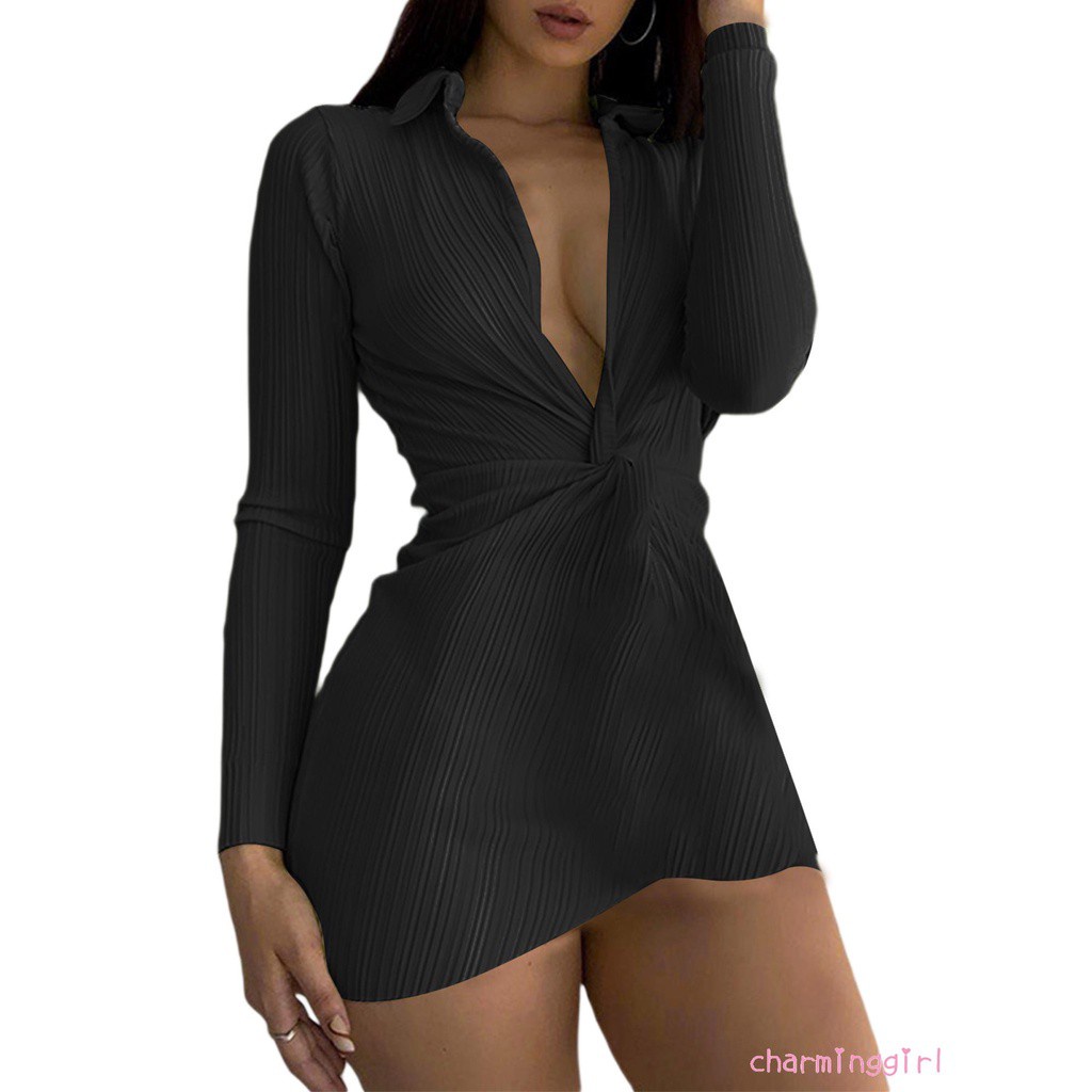 Đầm tay dài cổ chữ v màu trơn dáng ôm thời trang quyến rũ cho nữ