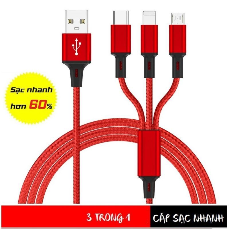 Cáp sạc 3 trong 1 tiện lợi chất lượng cao sạc nhanh hơn sạc bình thường 60%