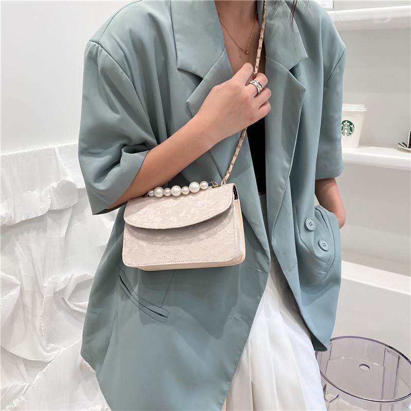 Túi xách đeo chéo nữ vải ren phối dây ngọc nhân tạo phong cách trẻ trung