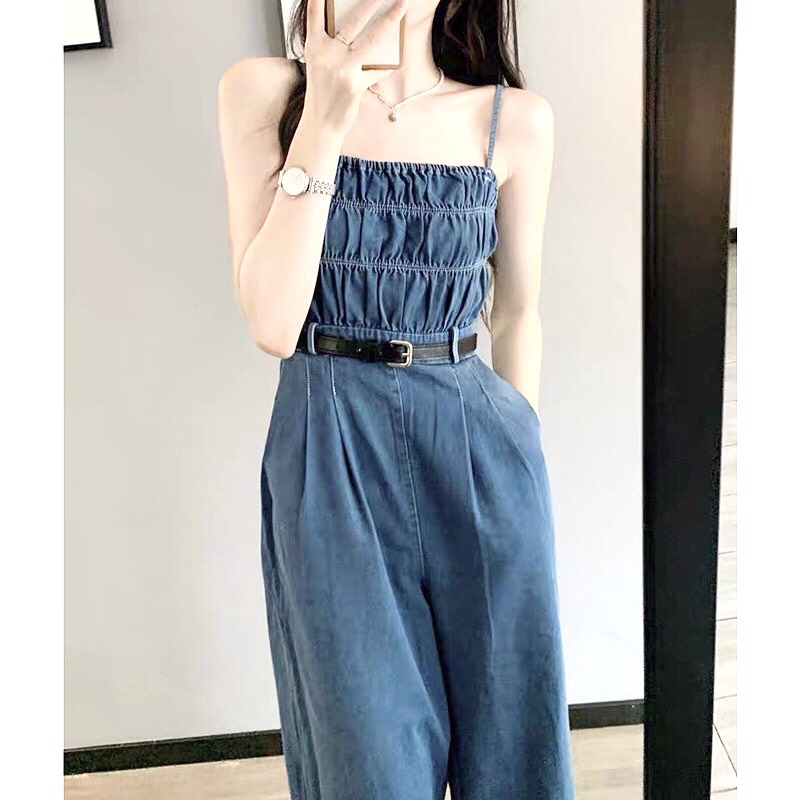 Jumpsuit Bò 2 Dây Dáng Lửng Tặng Kèm Đai Hàng Quảng Châu