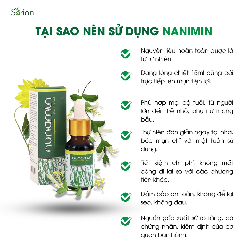 Nunamin Serum 15ML - Cho da Mụn cóc, Mụn cơm, Mắt cá chân, Chai chân, Mụn thịt, Mụn ruồi chiết suất từ thảo mộc Việt