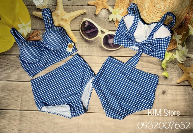Đồ bơi 2 mảnh cạp cao họa tiết kẻ caro xanh (kèm video ảnh thật và feeback) - Kimstore_bikini