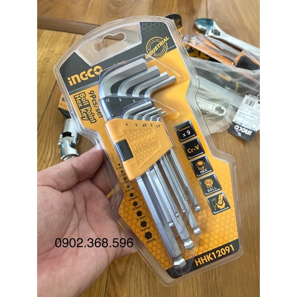 Bộ 9 lục giác đầu bi loại ngắn INGCO HHK12091 (260523)
