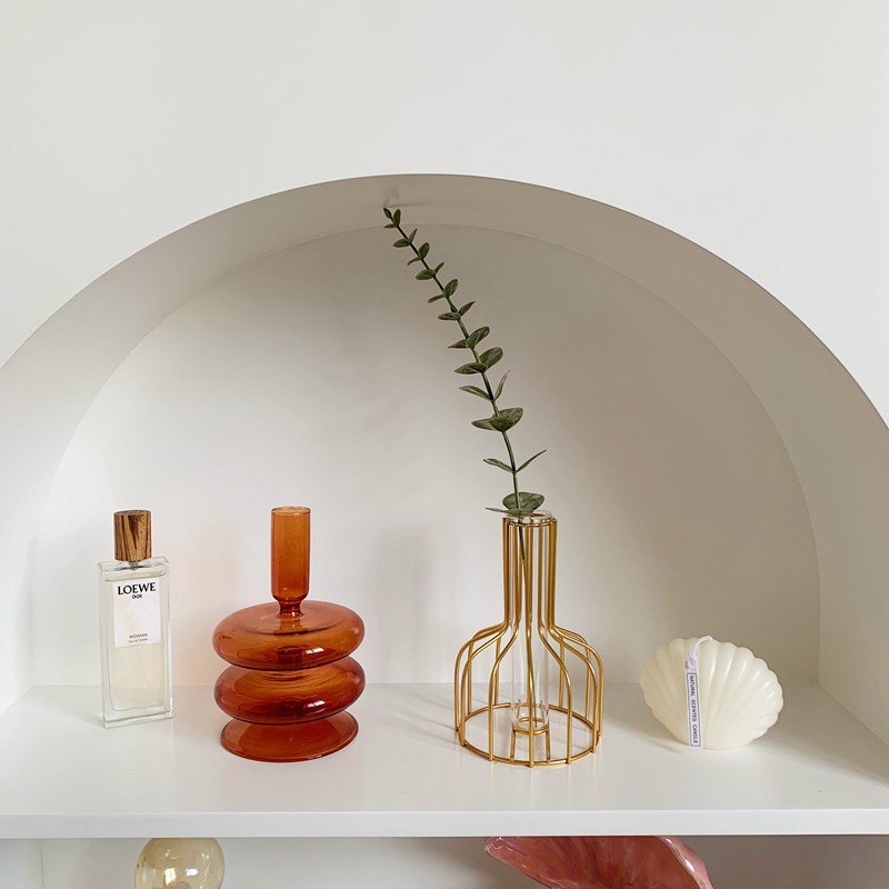 Bình Hoa Thủy Tinh Khung Sắt Màu Vàng Phong Cách Bắc Âu Độc Đáo Trang Trí Nhà Cửa