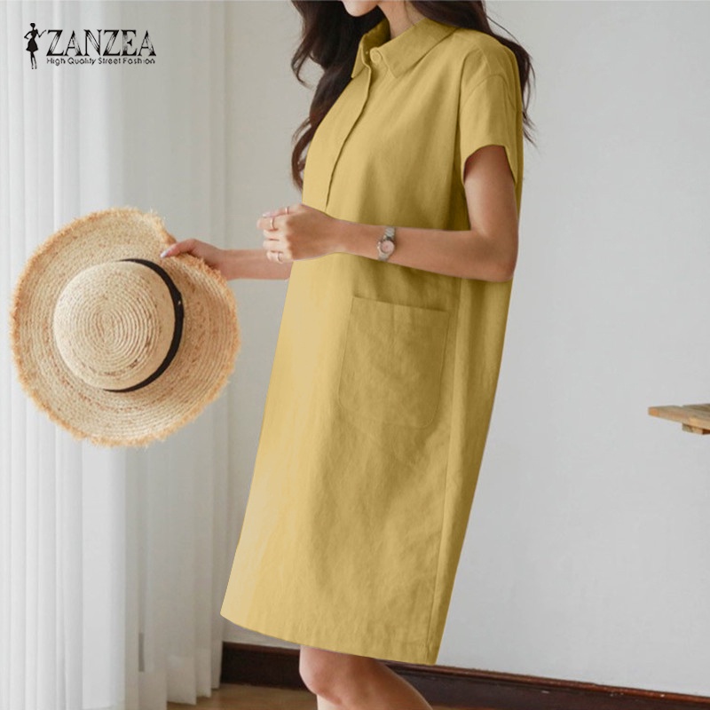 Đầm midi Zanzea ngắn tay cổ bẻ phong cách Hàn Quốc thanh lịch cho nữ