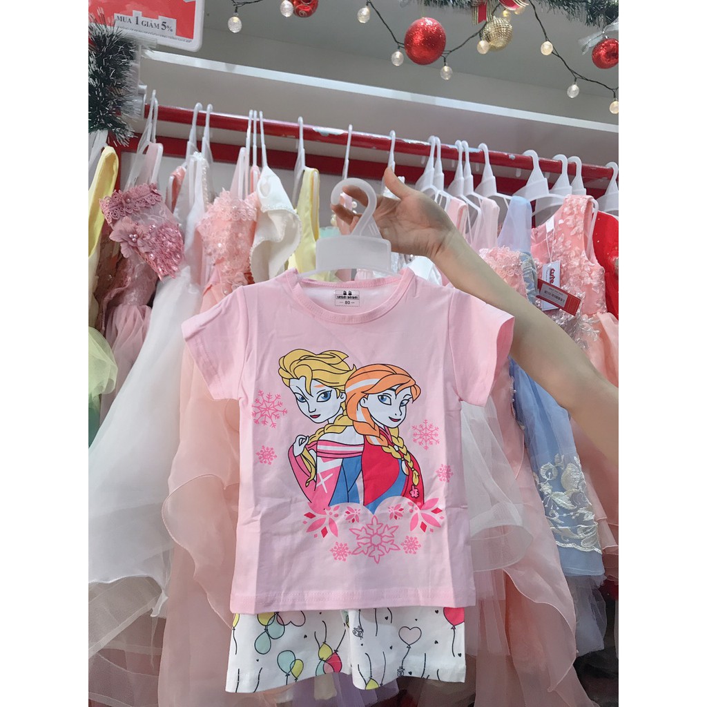 Set bộ quần áo bé gái thun cotton cao cấp loại 1- Hồng Elsa&amp;Anna