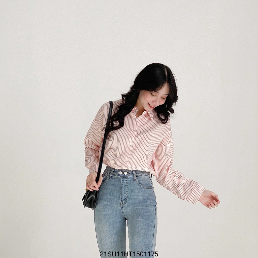 Áo sơ mi tay dài VM STYLE vạt bầu sọc kẻ thời trang nữ công sở VM STYLE 21SU11HT1501