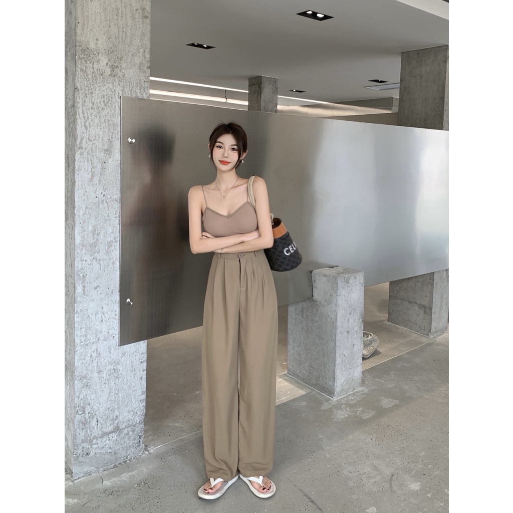 COZOK Quần dài nữ ống rộng lưng cao màu đen thời trang mùa thu 2021