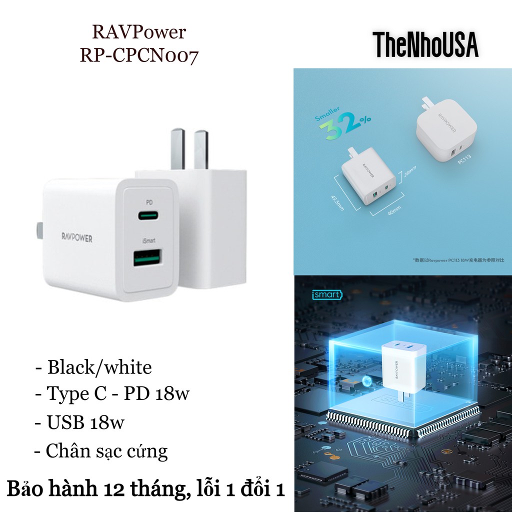 [Mã 2404EL10K giảm 10K đơn 20K] Củ sạc nhanh RAVPower 2 cổng C-PD 18w [BH 12 tháng]