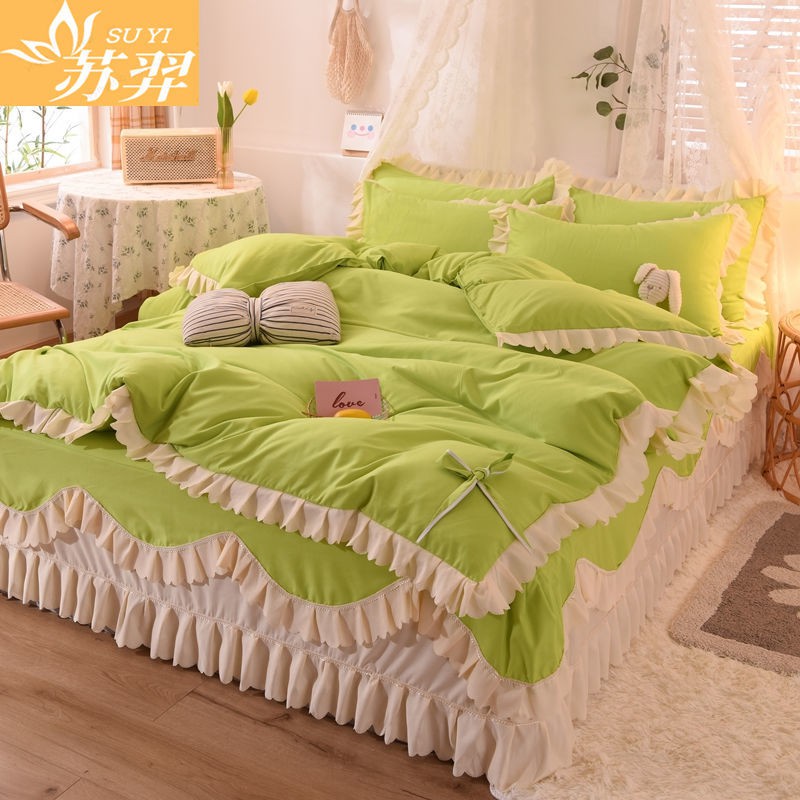 Bộ chăn ga gối 4 mảnh kiểu công chúa giường ren Hàn Quốc màu tinh khiết bông dày phủ cát trải lưới đỏ <