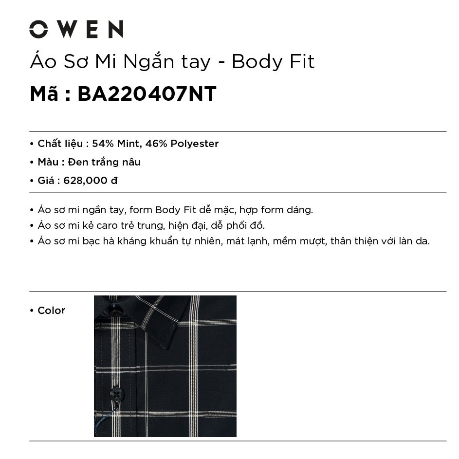 Áo Sơ Mi Nam Ngắn Tay OWEN BA220407NT Somi Công Sở Cao Cấp Màu Đen Kẻ Caro Trắng Nâu Vải Bạc Hà Dáng Body Fit Tà Bằng