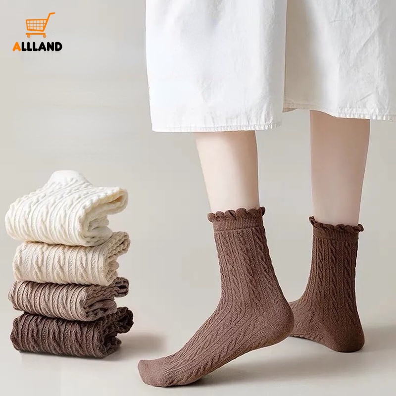 Vớ Cotton Co Giãn Thoải Mái Màu Trơn Phối Ren Nhún Bèo Ngọt Ngào Cho Nữ