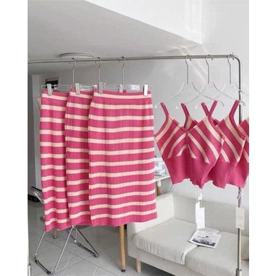 Sét áo 2 dây chân váy kẻ hồng tôn dáng