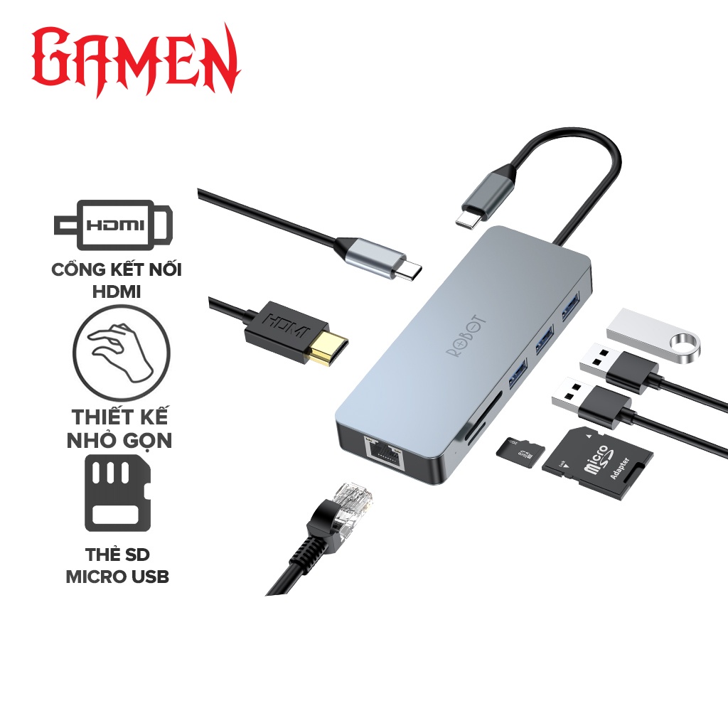 USB HUB Type-C Robot HT380 Bộ Chuyển Đổi 8 Trong 1 Type-C Sang HDMI USB Thẻ Nhớ Cổng PD