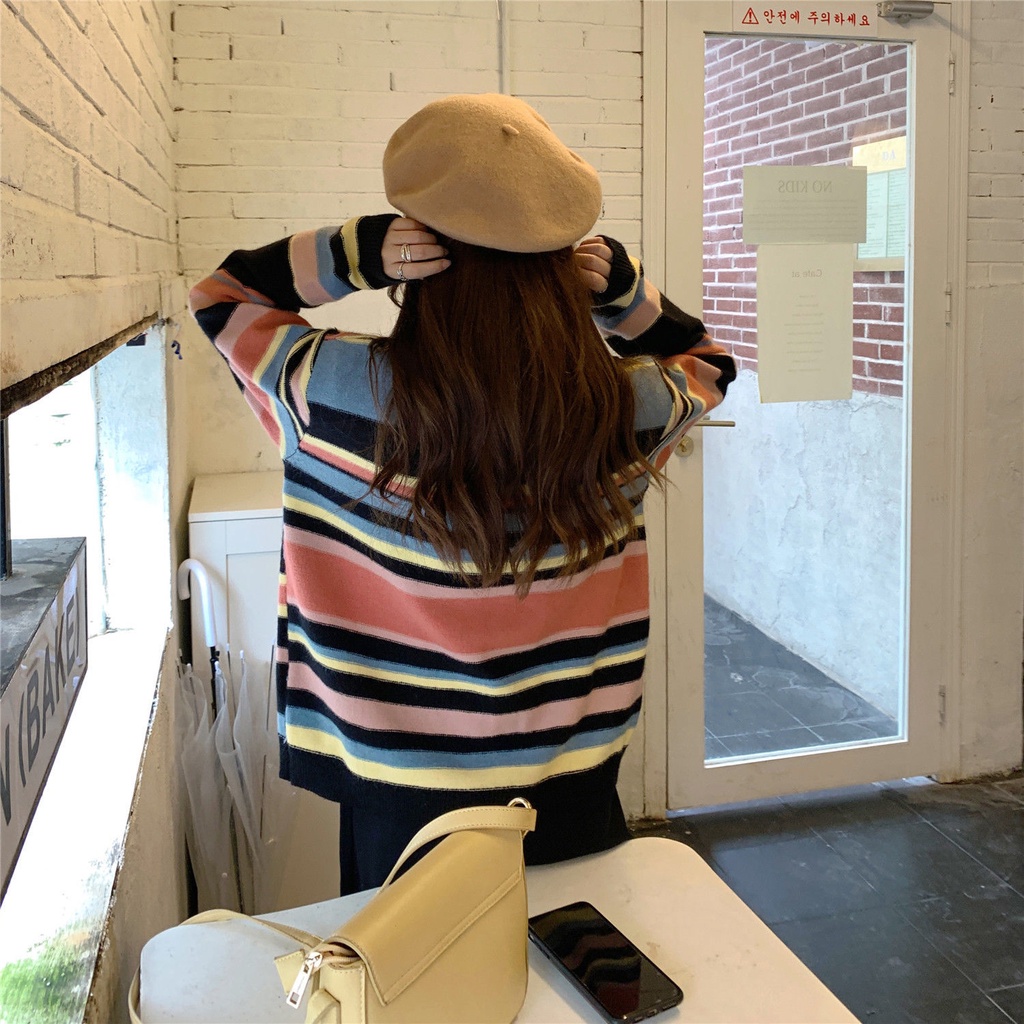 Áo Cardigan Dệt Kim Mỏng Kẻ Sọc Cầu Vồng Phong Cách Thời Trang Pháp Mới Dành Cho Nữ