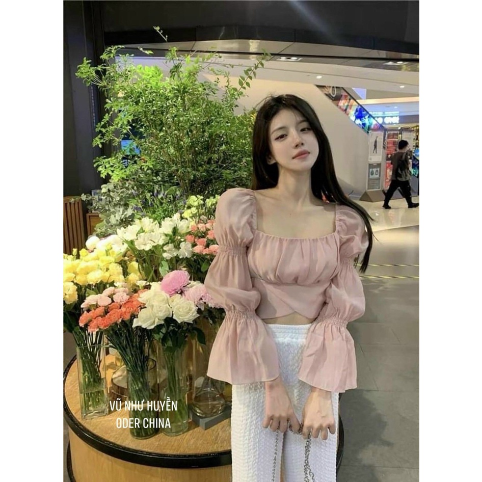 Áo Croptop Cổ Vuông Nhún Tay Nơ Lưng A5236