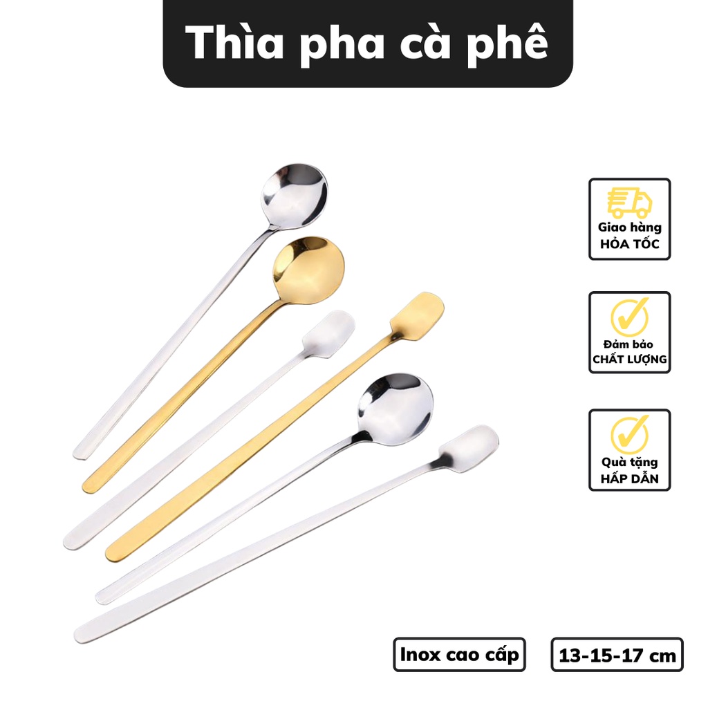 Thìa cà phê mạ vàng thìa pha trà inox 304 dụng cụ pha cafe cán dài kiểu dáng sang trọng độ dài 13 - 15  - 17cm