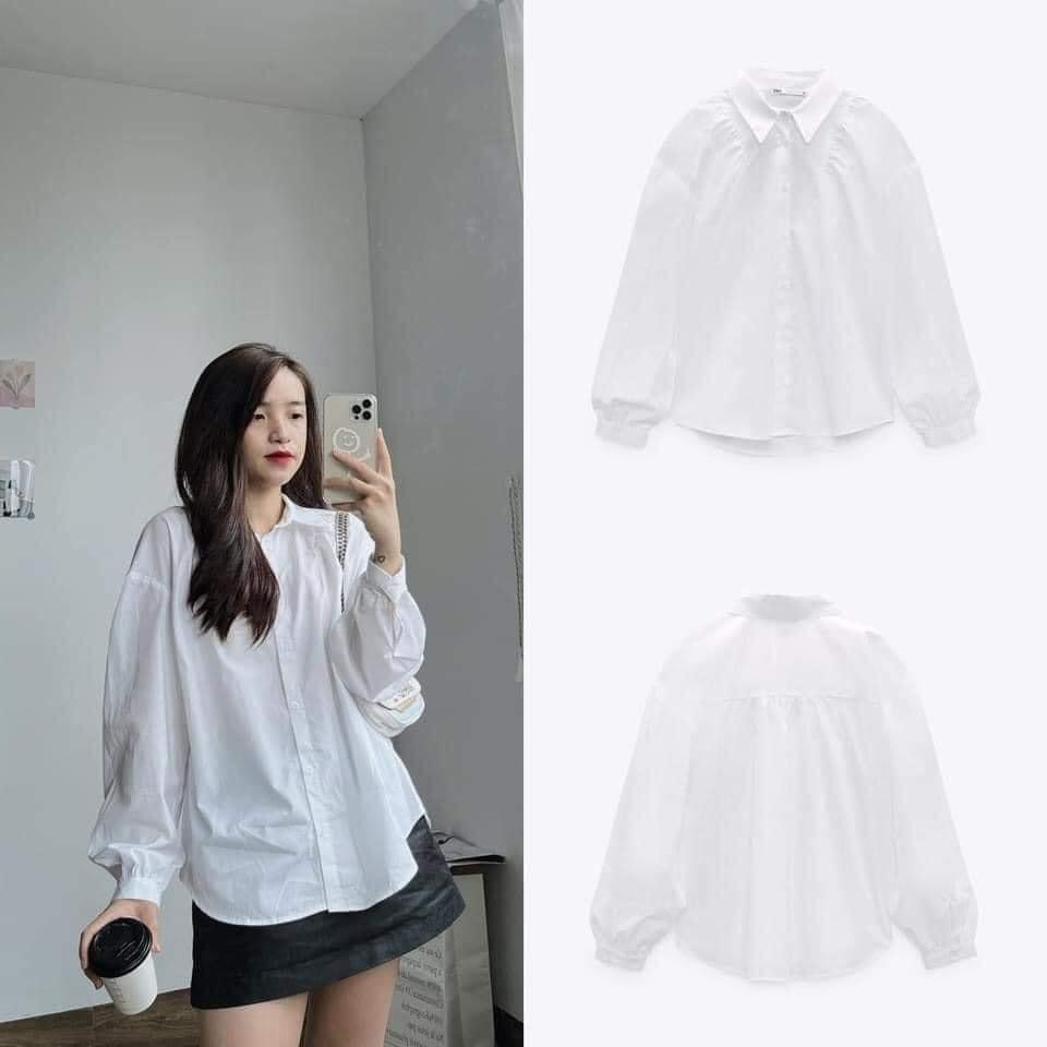 Áo sơ mi trắng tay bồng thô lụa