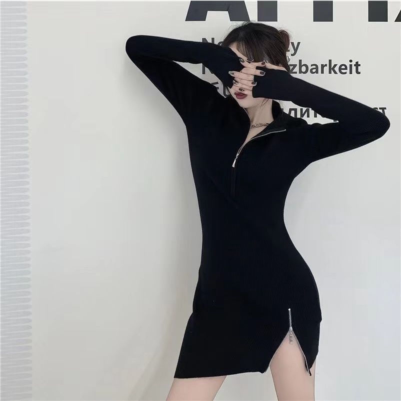 COZOK Đầm tay dài dáng ôm phối khóa kéo thời trang