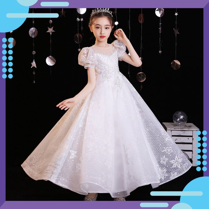 Váy công chúa bé gái thiết kế cao cấp cho bé đi dự tiệc phù dâu sinh nhật tùng dài trắng tay bồng DBG105