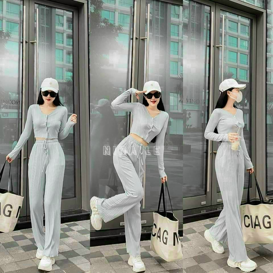 Sét Bộ Nữ Thời Trang Mặc Đi Chơi, Sét Bộ Thun Gân Áo Croptop Tay Dài Cổ Tim Mix Quần 3 Màu Phong Cách