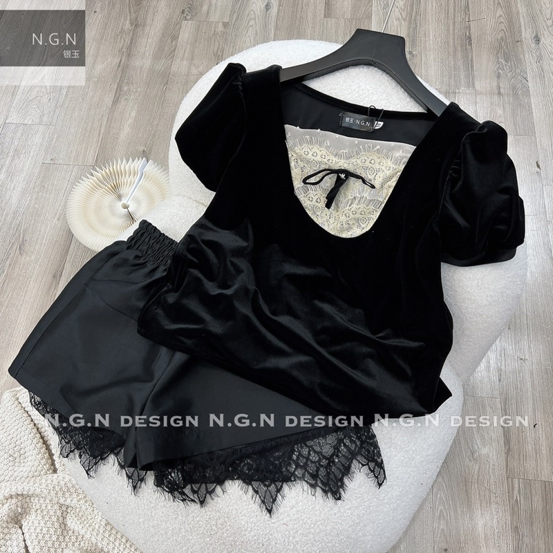 Sét áo nhung nơ quần tacta ren