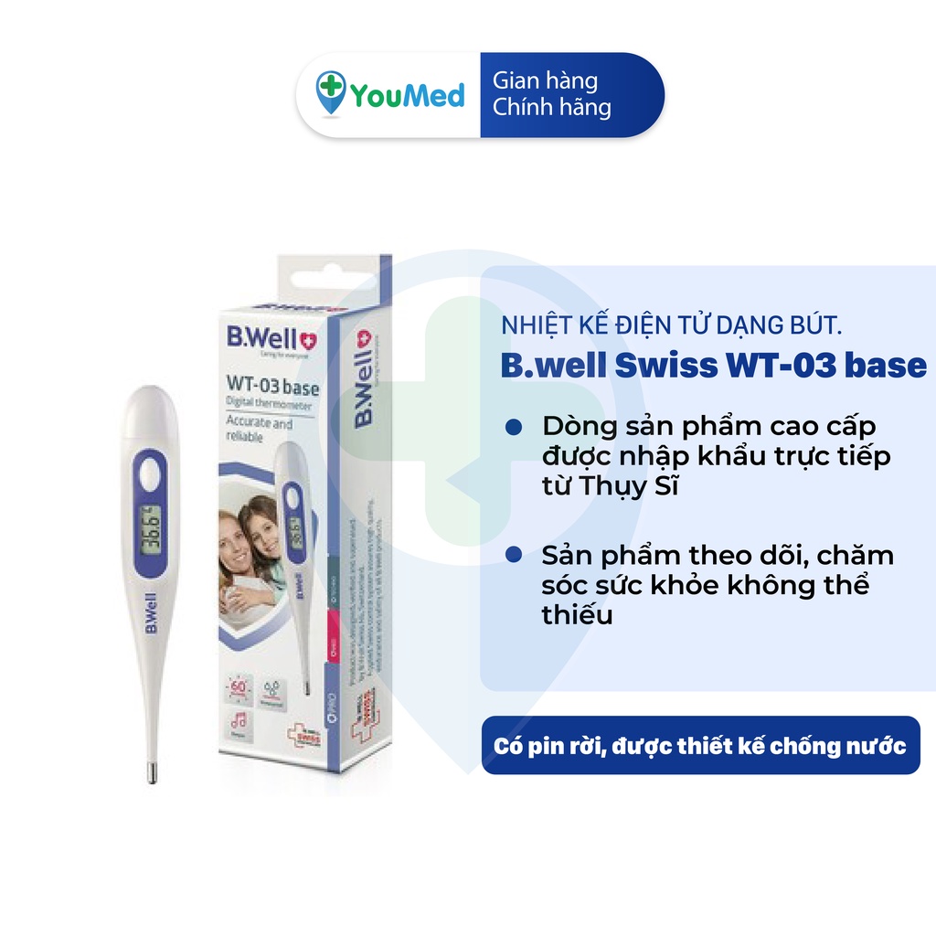 Nhiệt kế điện tử B.well Swiss WT-03 base dạng bút. Thiết kế nhỏ gọn với độ chính xác cao, theo dõi sức khỏe gia đình