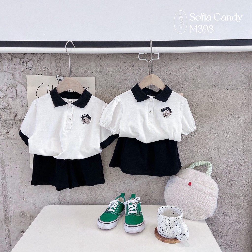 set bé trai bé gái polo màu trắng đen chất thun cotton đồng phục đi học, đi chơi, du lịch, đồ đôi anh em chị em Shushiba