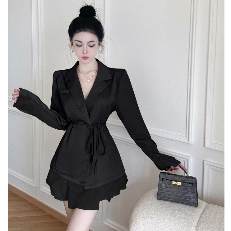 Bộ Áo Khoác Vest Tay Dài + Chân Váy Chiffon Lưng Cao Thời Trang Hàn Quốc Sang Trọng Cho Nữ