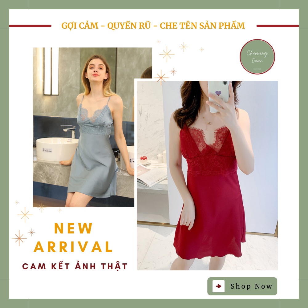 Đồ ngủ sexy  ,Váy ngủ lụa phối ren viền eo gợi cảm KÈM MÚT NGỰC Hàng Cao Cấp -- CharmingQueen