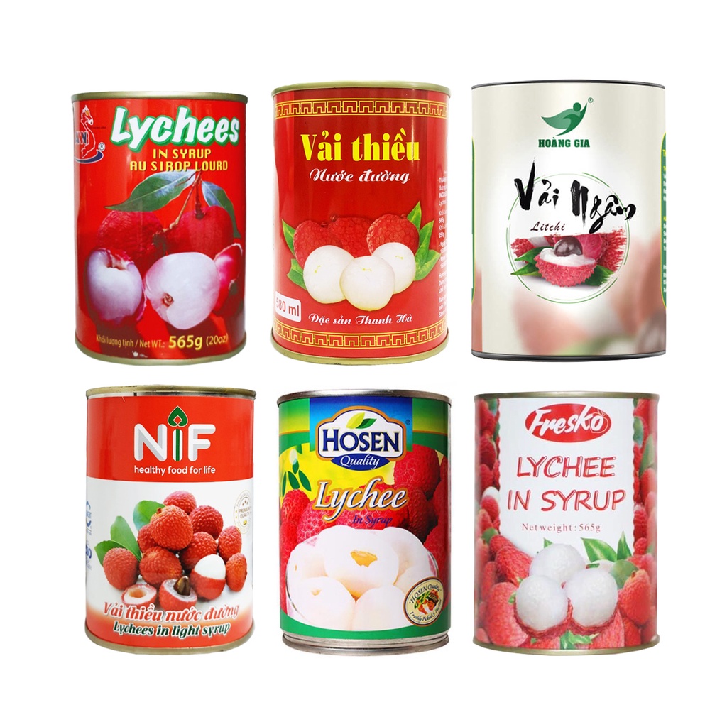 Vải ngâm nước đường lon 565g nhiều loại - Thanh Hà, Hoàng Gia, Nif, Hosen, Fresko