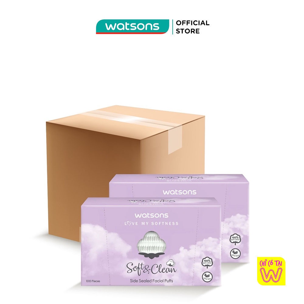 Bông Tẩy Trang Watsons Love My Softness Soft &amp; Clean Side Sealed Cuốn Biên Thùng 30 Hộp x 100 Miếng