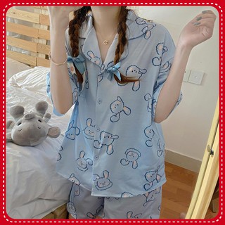 Đồ Ngủ Pijama Ngắn Tay, Họa Tiết Thỏ Xanh Dễ Thương Ulzzang Hot Trend