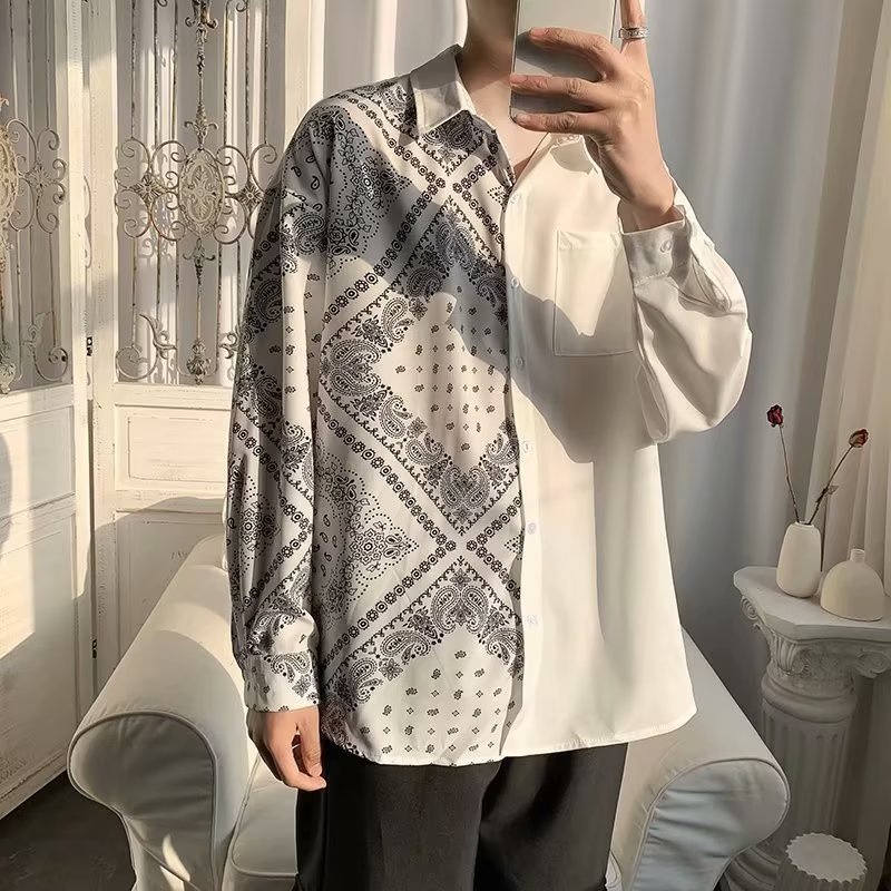 Áo Sơ Mi Tay Dài Dáng Rộng In Họa Tiết Kiểu Retro Nhật Hàn Thời Trang Cho Nam