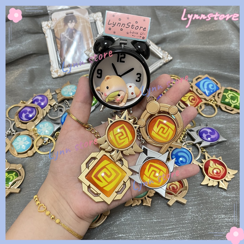 Kim loại chất lượng cao Genshin Impact Keychain hai mặt thủy tinh phát sáng Chìa khóa 7 yếu tố Vision Eye Of God Móc khóa phụ kiện thời trang