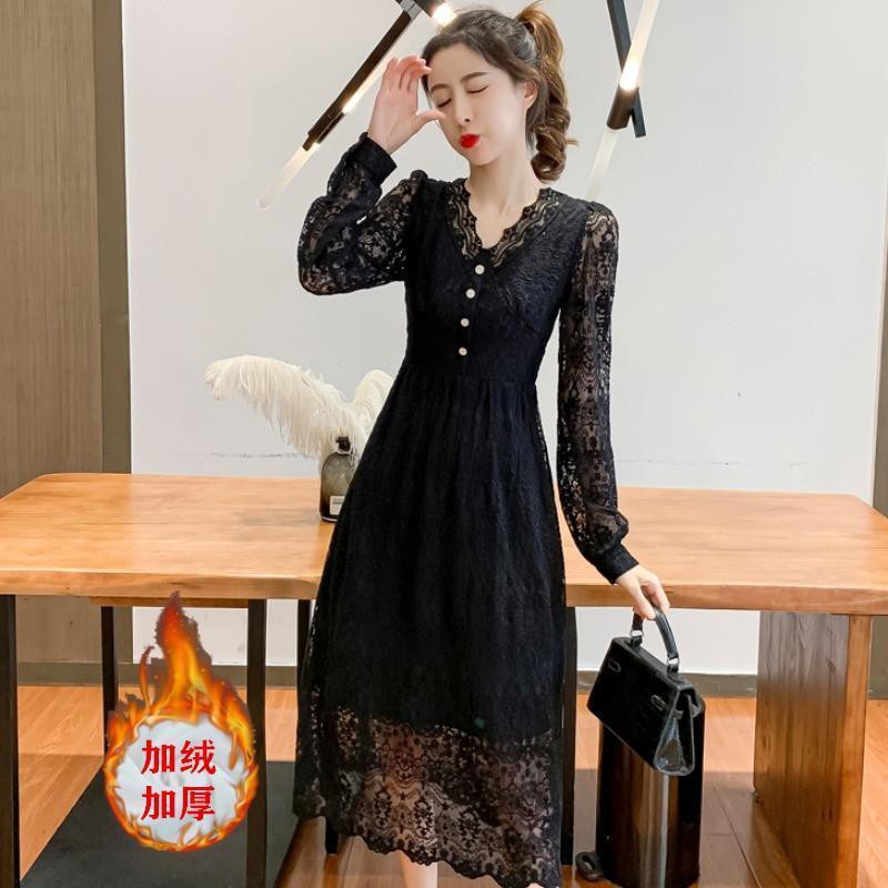 Đầm Dự Tiệc Tay Dài Cổ Chữ V Phối Ren Phong Cách Retro