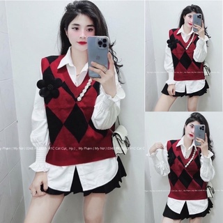 Set 3 món sơ mi trắng mix gile quả chám đỏ kèm chân váy