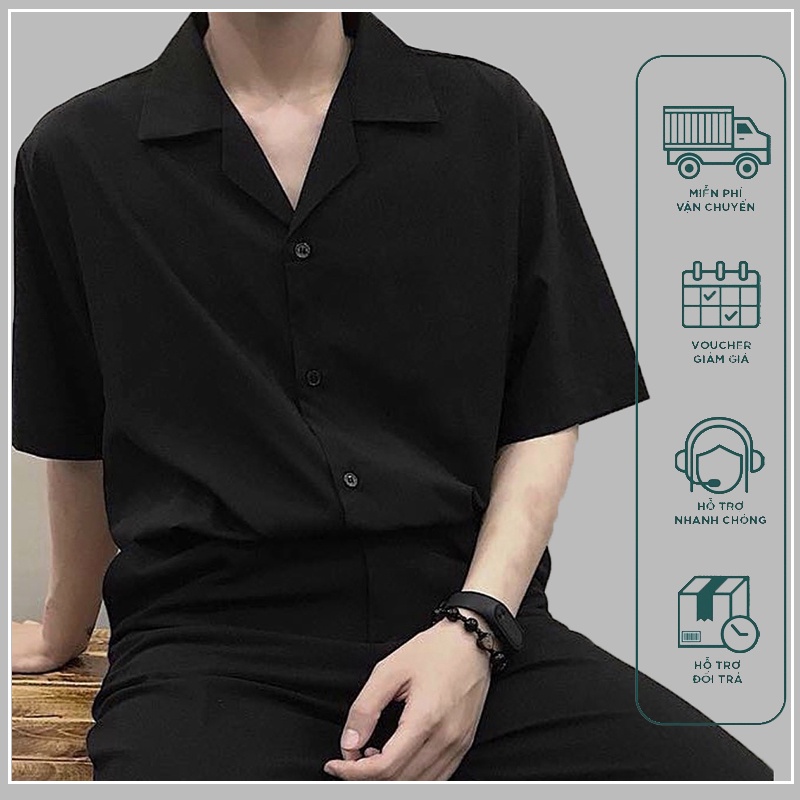 Áo Sơ Mi Ngắn Tay Nam Nữ Cổ Vest TRƠN Trắng Và Đen - Kiểu sơ mi tay ngắn form rộng Cổ Vest và Cổ Đức