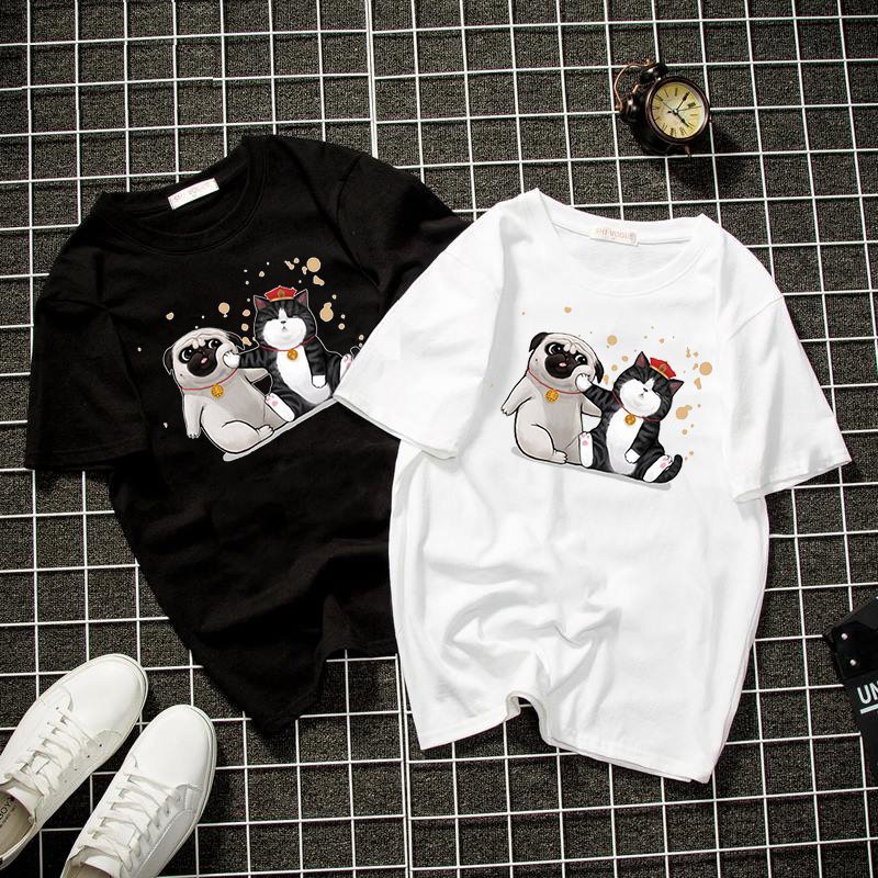 Áo thun unisex form rộng mèo hoàng thượng và chó pug vải dày mịn 2019T2143