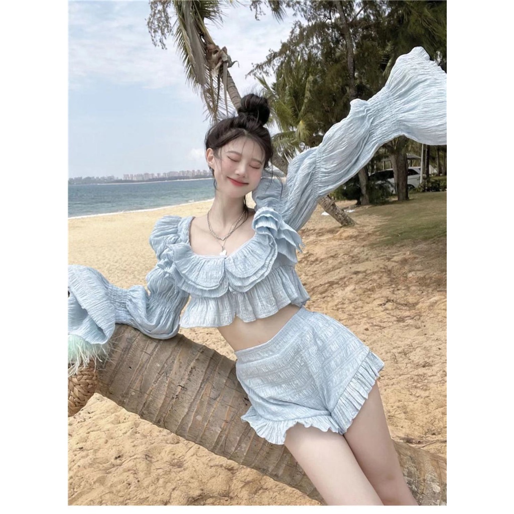 2022 fashion trend shirt blue temperament Ruffle foreign style off shoulder dress blue coat Blue Shorts Set