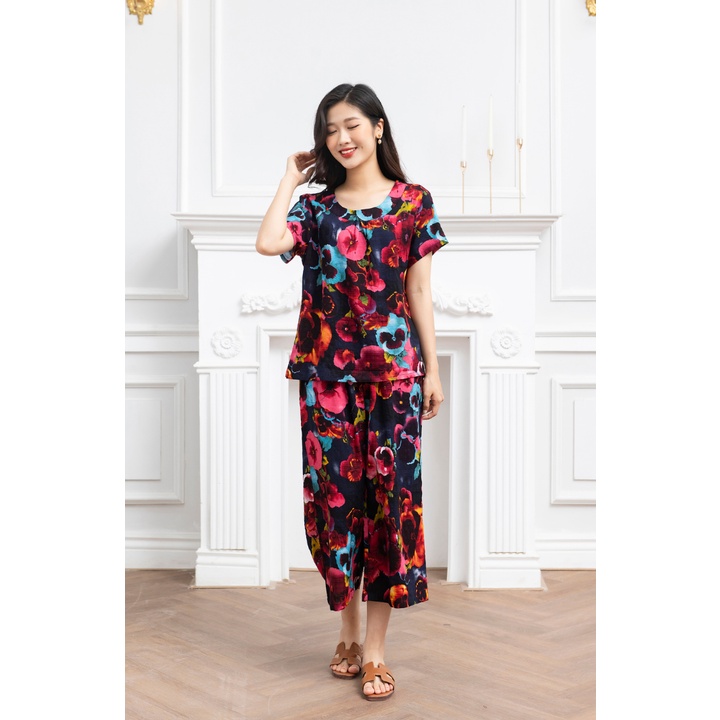 Bộ đồ mặc nhà trung niên lanh Vicci áo cộc,quần ống sớ BGS.06 nhiều họa tiết