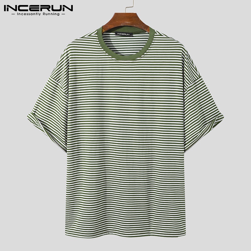Áo thun Incerun tay lửng dáng rộng họa tiết kẻ sọc trẻ trung thời trang cho nam