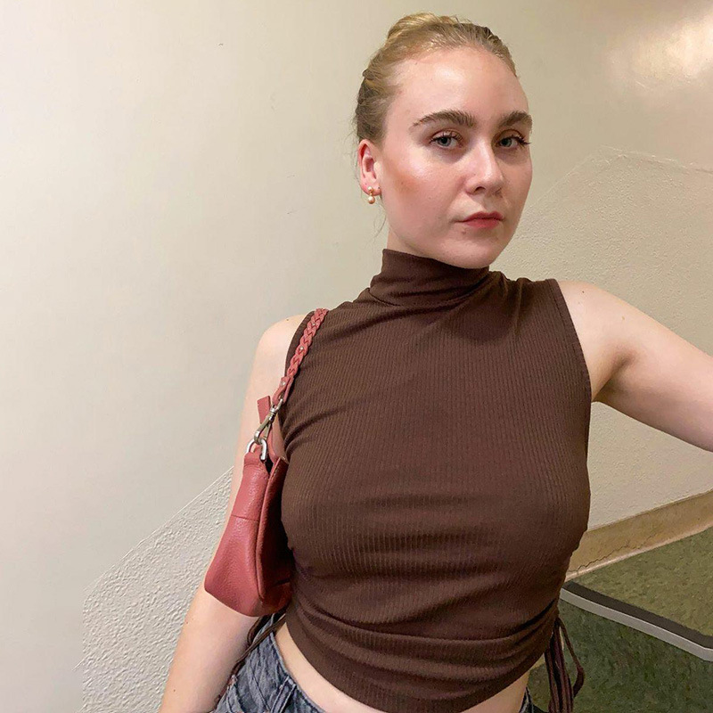 DUNEA COD Women's New Solid Color Round Neck Drawstring Short Vest